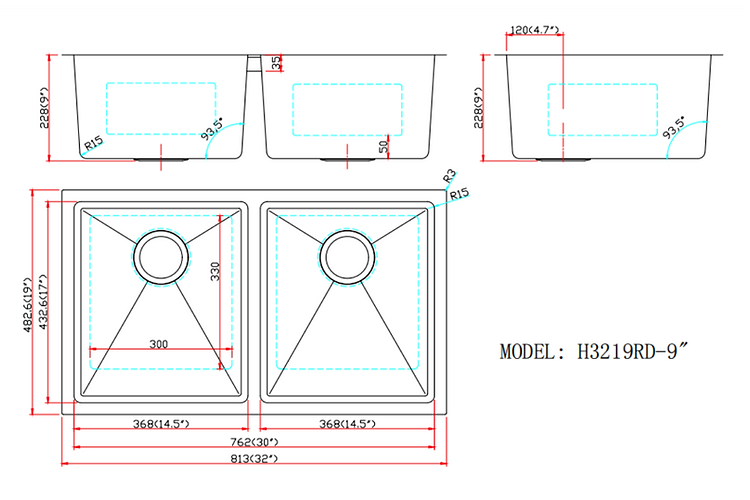 A+ (32"X19"X9") Double Bowl Kitchen Sink