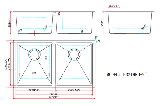 A+ (32"X19"X9") Double Bowl Kitchen Sink