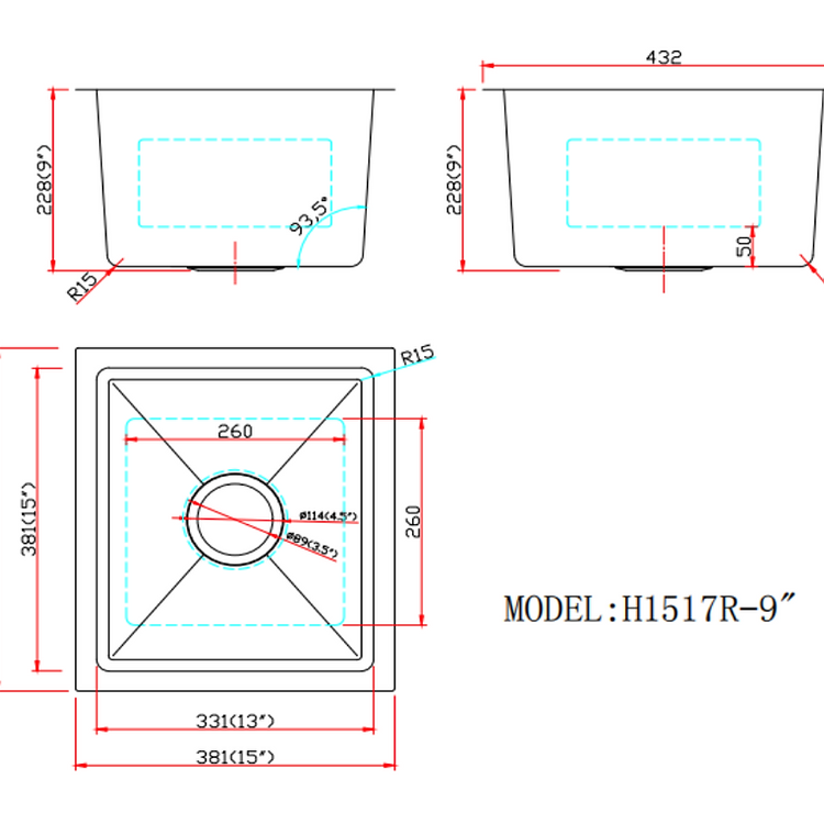 A+ (15"X17"X9") Single Bowl Kitchen Sink