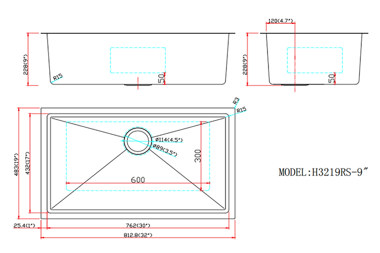 A+ (32"X19"X9") Single Bowl Kitchen Sink