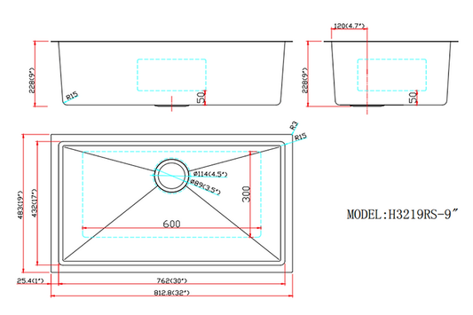 A+ (32"X19"X9") Single Bowl Kitchen Sink