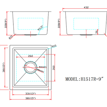 A+ (15"X17"X9") Single Bowl Kitchen Sink